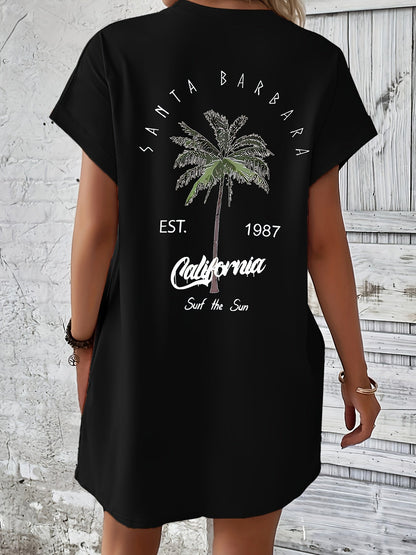 T-shirt Jurk - Palmboom Print Met Zak & Comfortabele Pasvorm