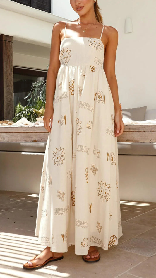 Bruine maxi-jurk met zonnige charme en uitgesneden details