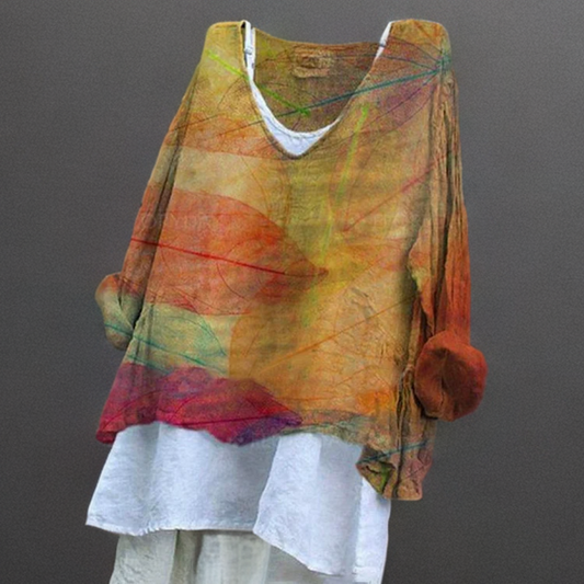 Tierne - Casual T-shirt van katoen en linnen met bladprint en V-halslijn