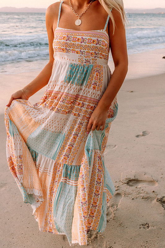 Tinsley - Boheemse strapless jurk met vierkante hals en veelkleurige patchworkprint