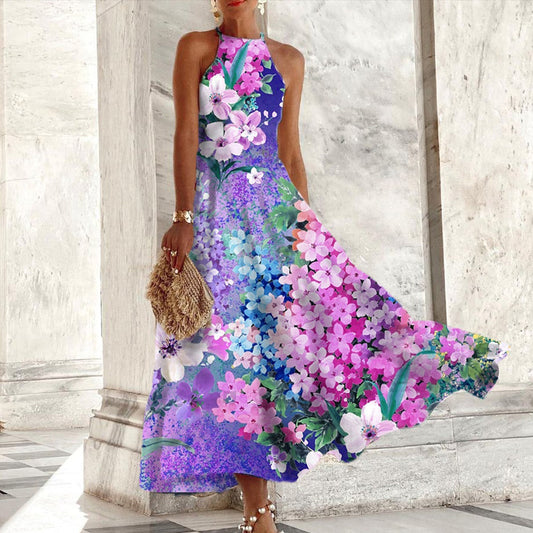 Tundra - Paarse mouwloze maxi jurk met bloemenprint