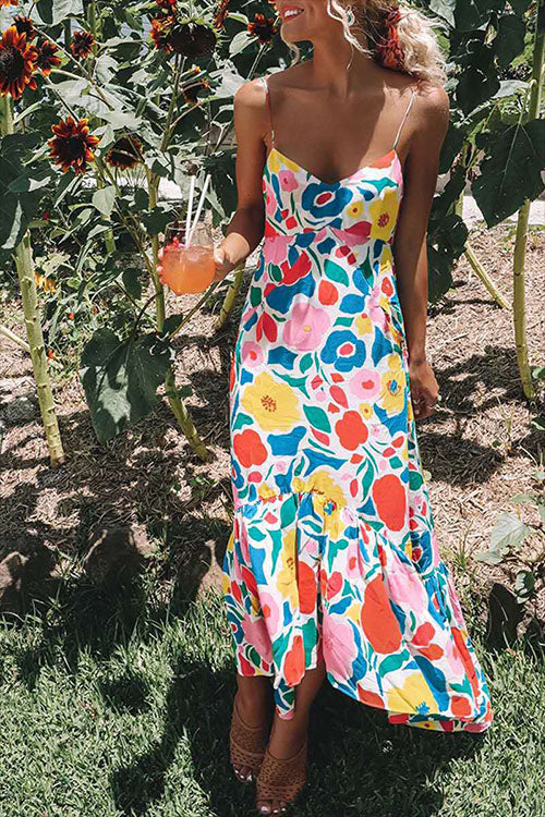 Twyla - Meridress Bloemenprint V-hals maxi jurk met spaghetti bandjes