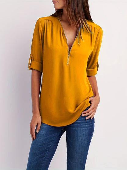 V-Hals Blouse - Oprolbare Mouwen & Halve Rits Detail