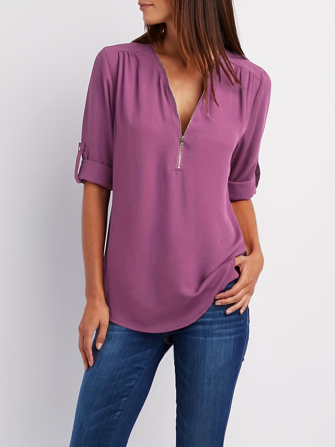 V-Hals Blouse - Oprolbare Mouwen & Halve Rits Detail