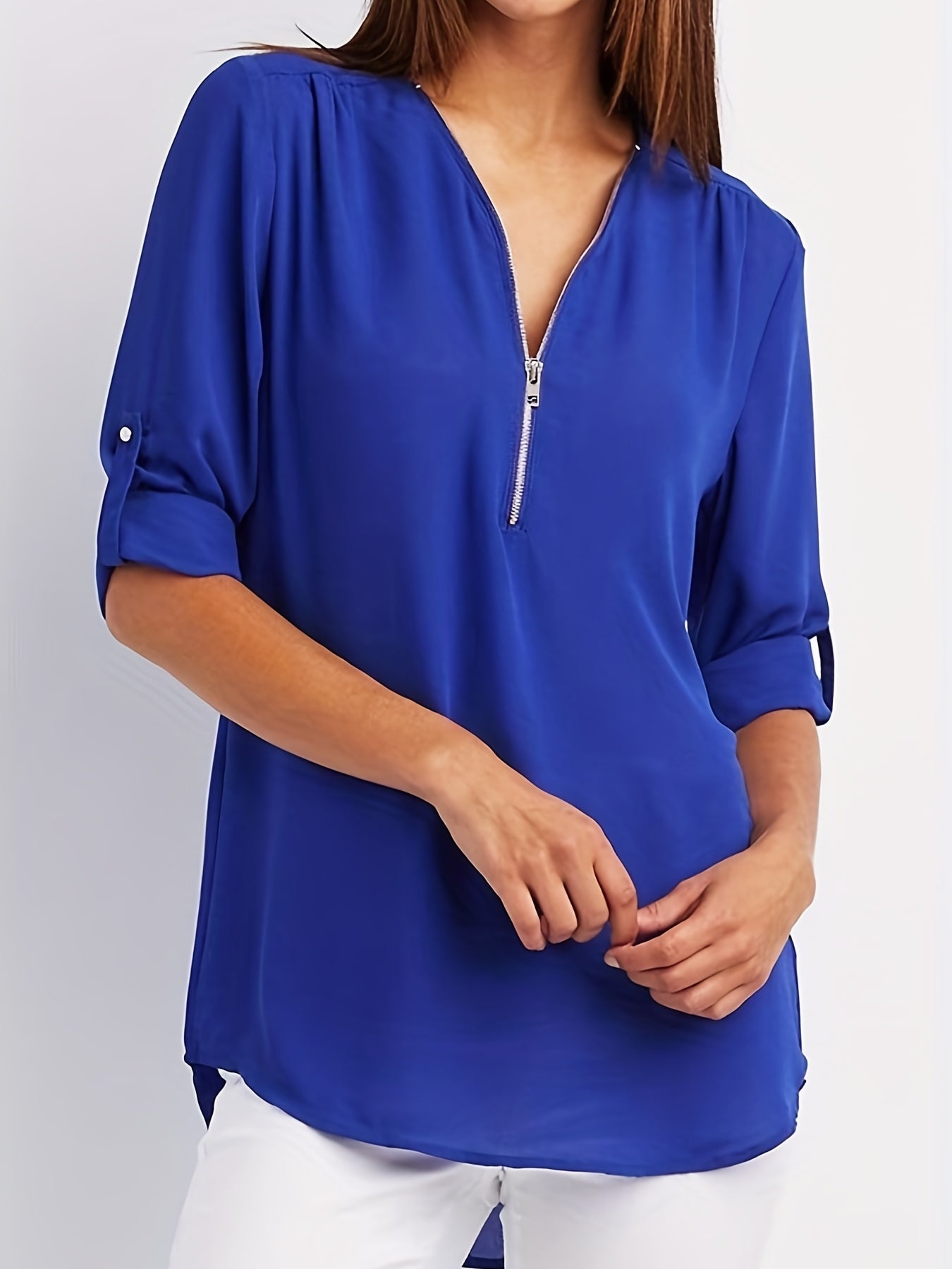 V-Hals Blouse - Oprolbare Mouwen & Halve Rits Detail