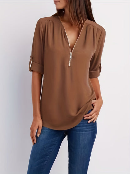 V-Hals Blouse - Oprolbare Mouwen & Halve Rits Detail