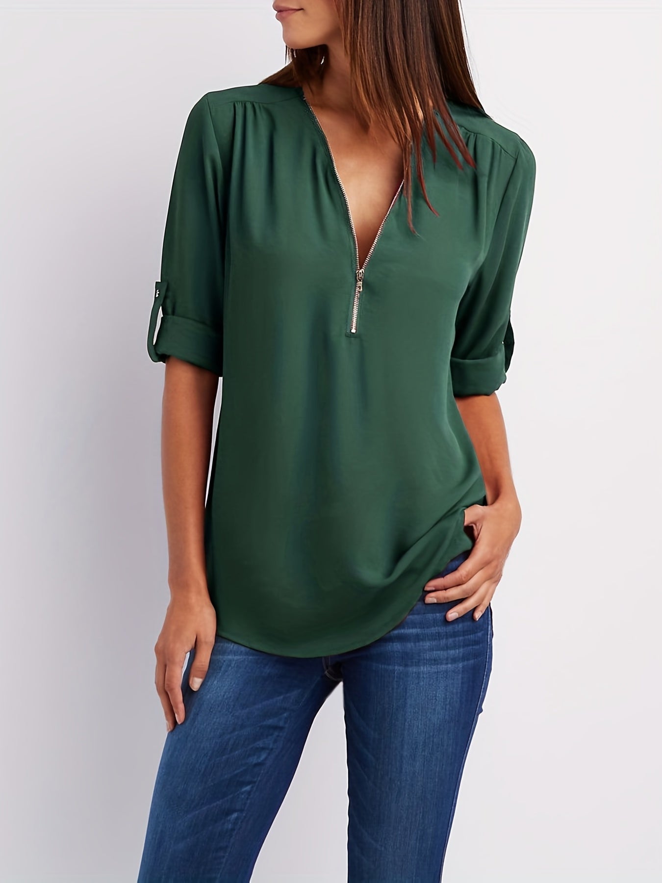 V-Hals Blouse - Oprolbare Mouwen & Halve Rits Detail