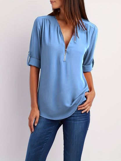 V-Hals Blouse - Oprolbare Mouwen & Halve Rits Detail