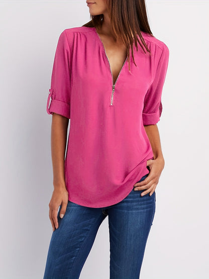 V-Hals Blouse - Oprolbare Mouwen & Halve Rits Detail