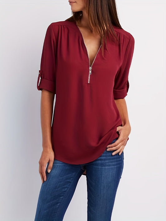 V-Hals Blouse - Oprolbare Mouwen & Halve Rits Detail