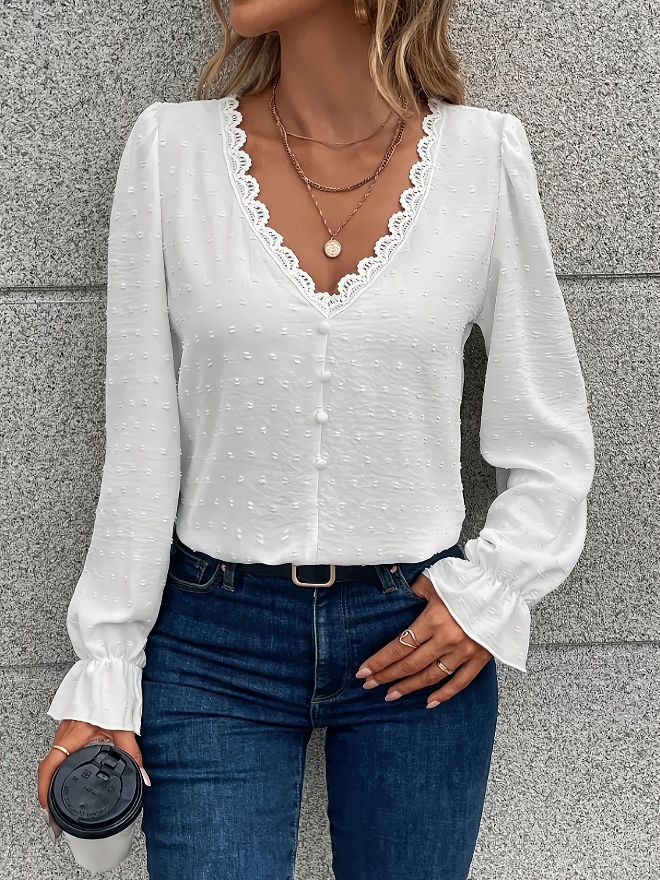 V-Hals Lange Mouwen Blouse - Kant Kraag en Lichtgewicht Stof