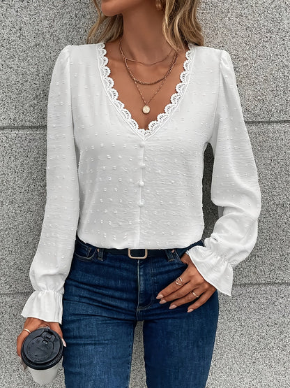 V-Hals Lange Mouwen Blouse - Kant Kraag en Lichtgewicht Stof
