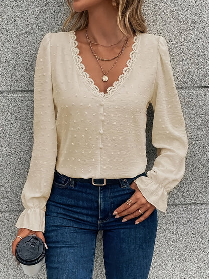 V-Hals Lange Mouwen Blouse - Kant Kraag en Lichtgewicht Stof