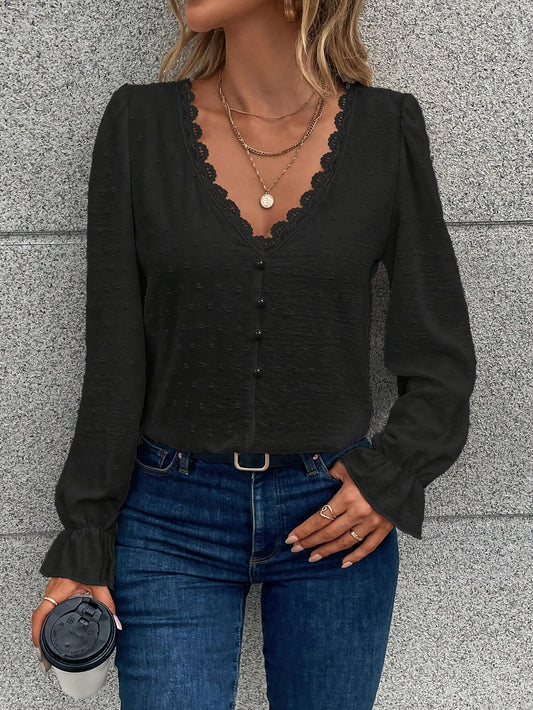V-Hals Lange Mouwen Blouse - Kant Kraag en Lichtgewicht Stof