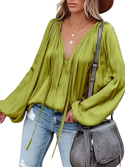 V-Hals Lantaarnmouw Blouse - Satijnen Look en Semi-Doorzichtig Ontwerp