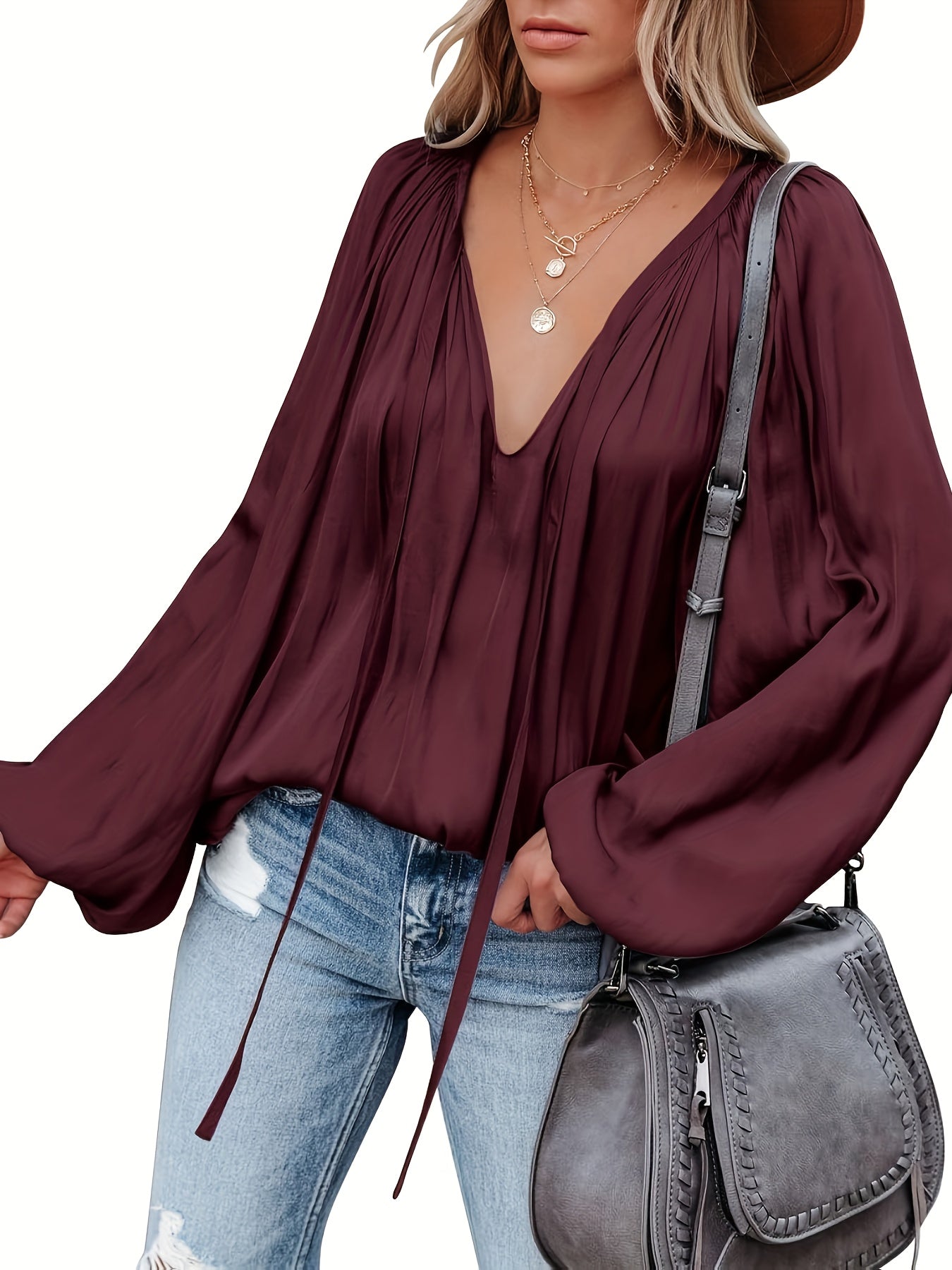 V-Hals Lantaarnmouw Blouse - Satijnen Look en Semi-Doorzichtig Ontwerp