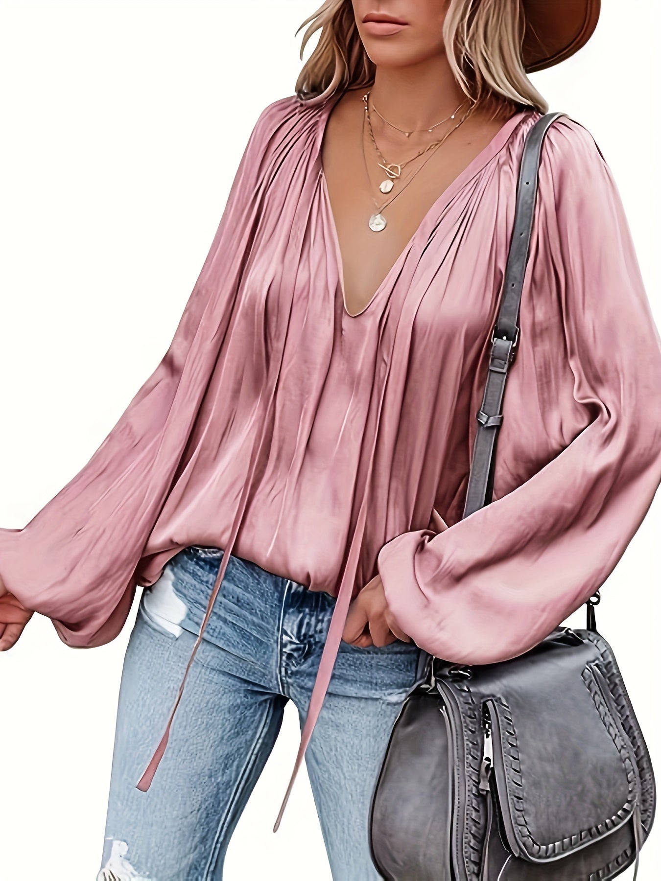 V-Hals Lantaarnmouw Blouse - Satijnen Look en Semi-Doorzichtig Ontwerp