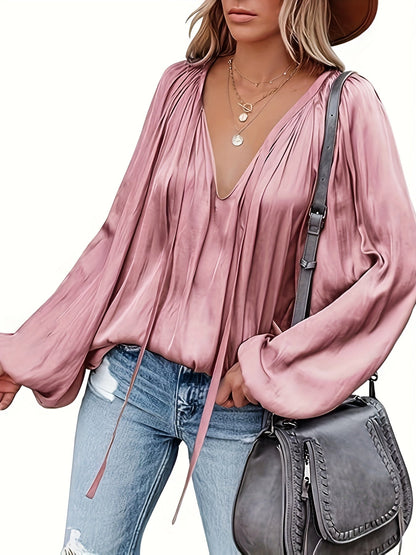V-Hals Lantaarnmouw Blouse - Satijnen Look en Semi-Doorzichtig Ontwerp
