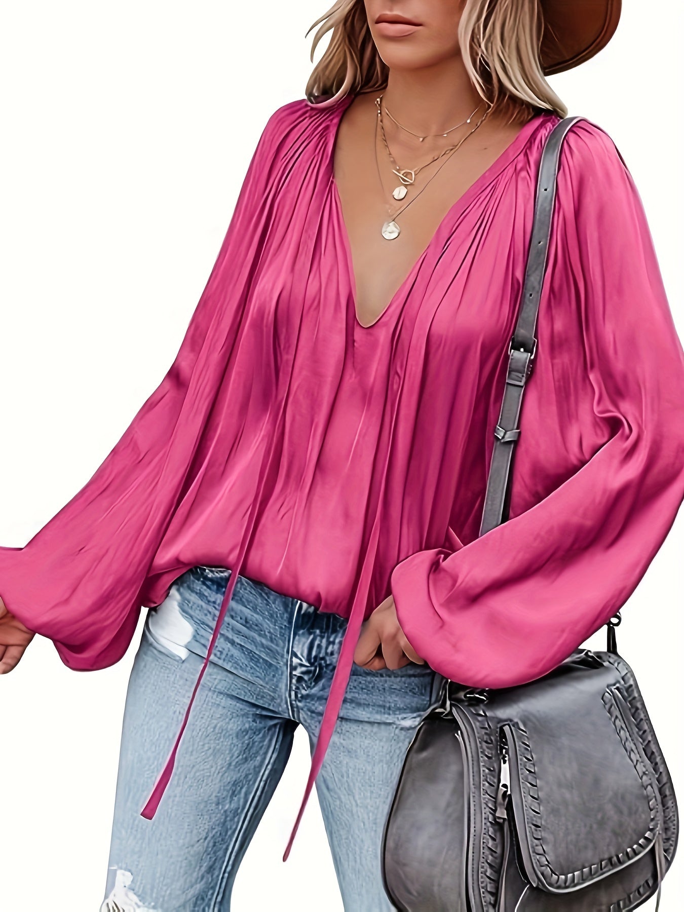 V-Hals Lantaarnmouw Blouse - Satijnen Look en Semi-Doorzichtig Ontwerp