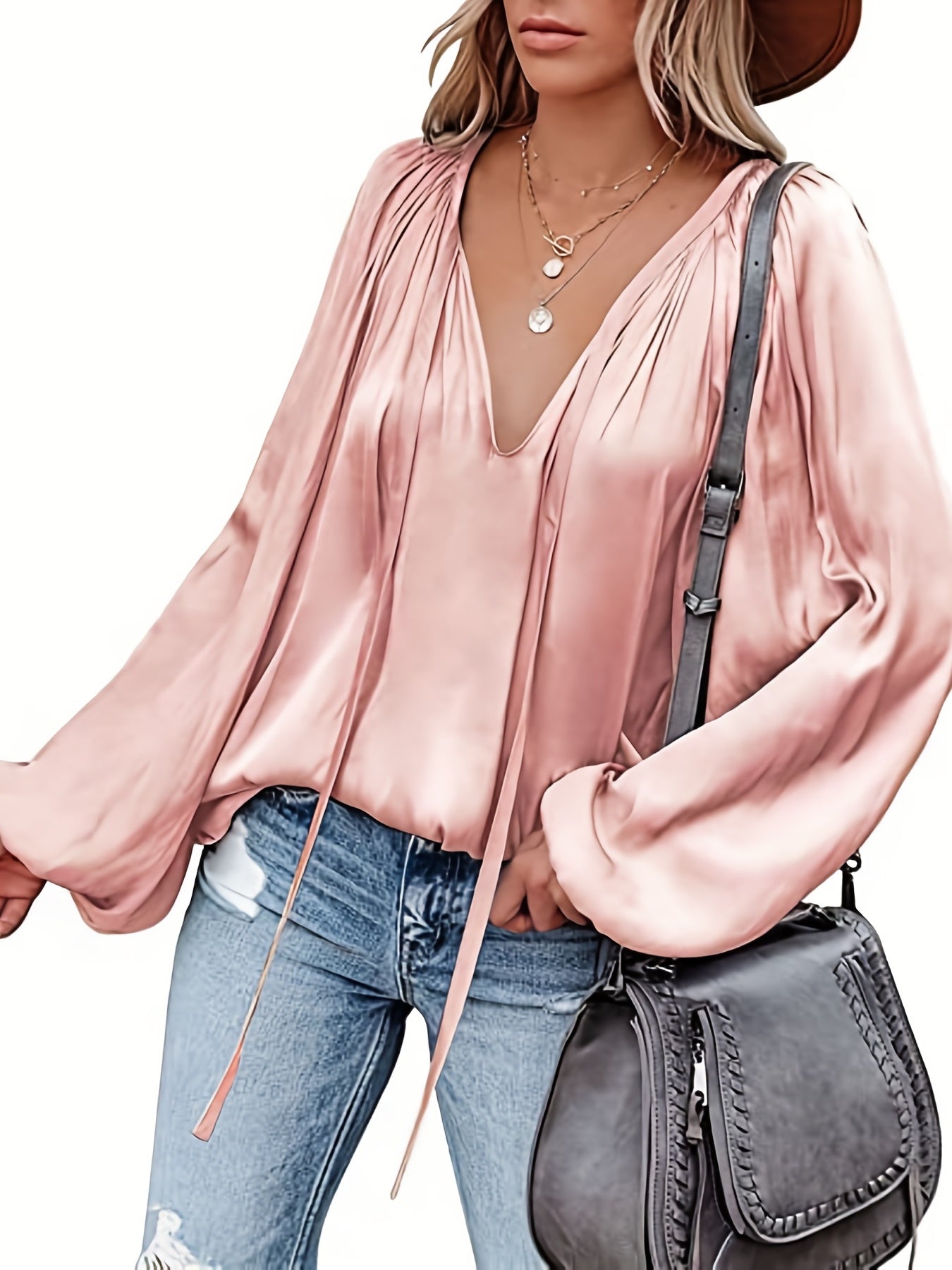 V-Hals Lantaarnmouw Blouse - Satijnen Look en Semi-Doorzichtig Ontwerp