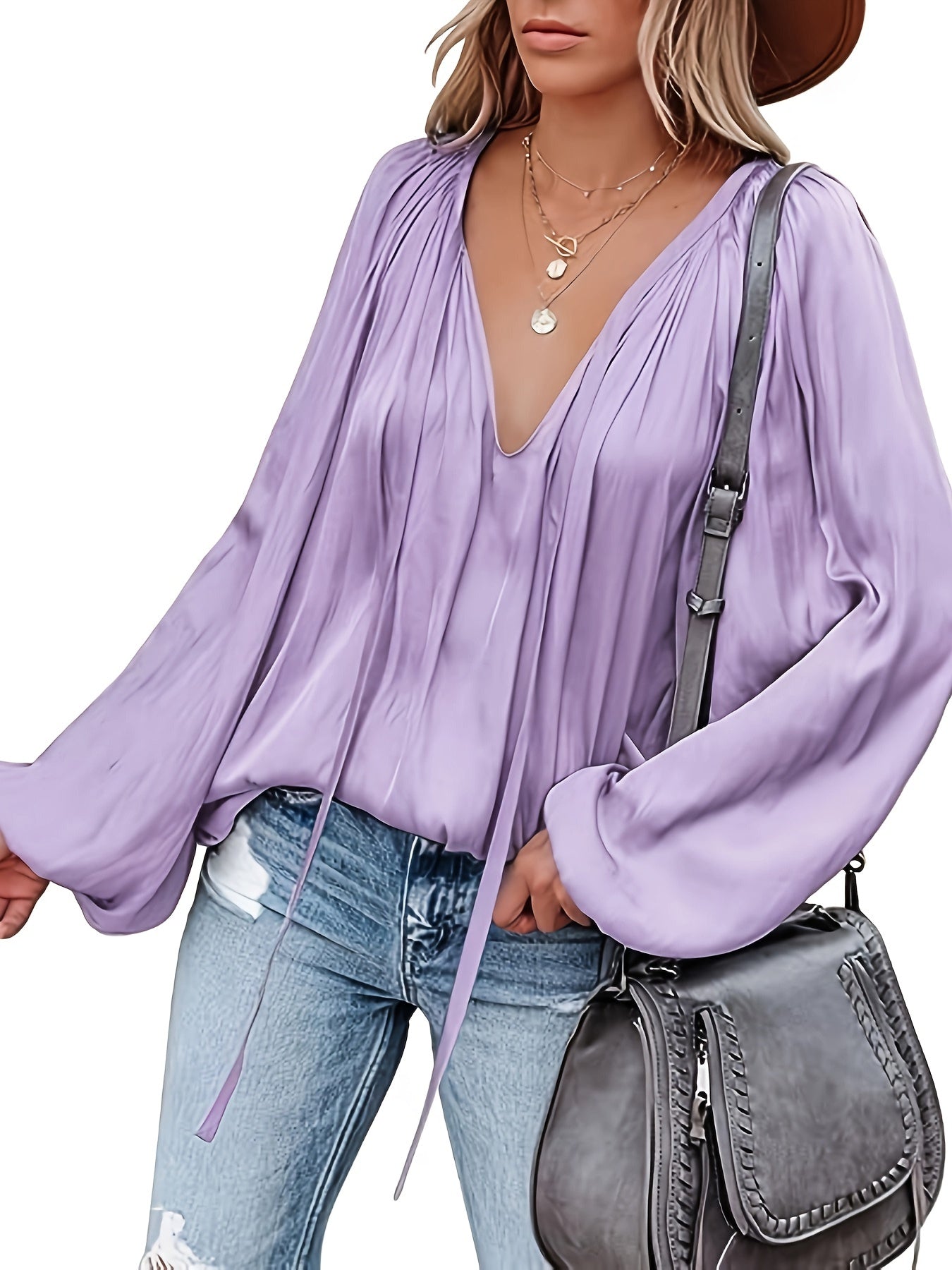 V-Hals Lantaarnmouw Blouse - Satijnen Look en Semi-Doorzichtig Ontwerp