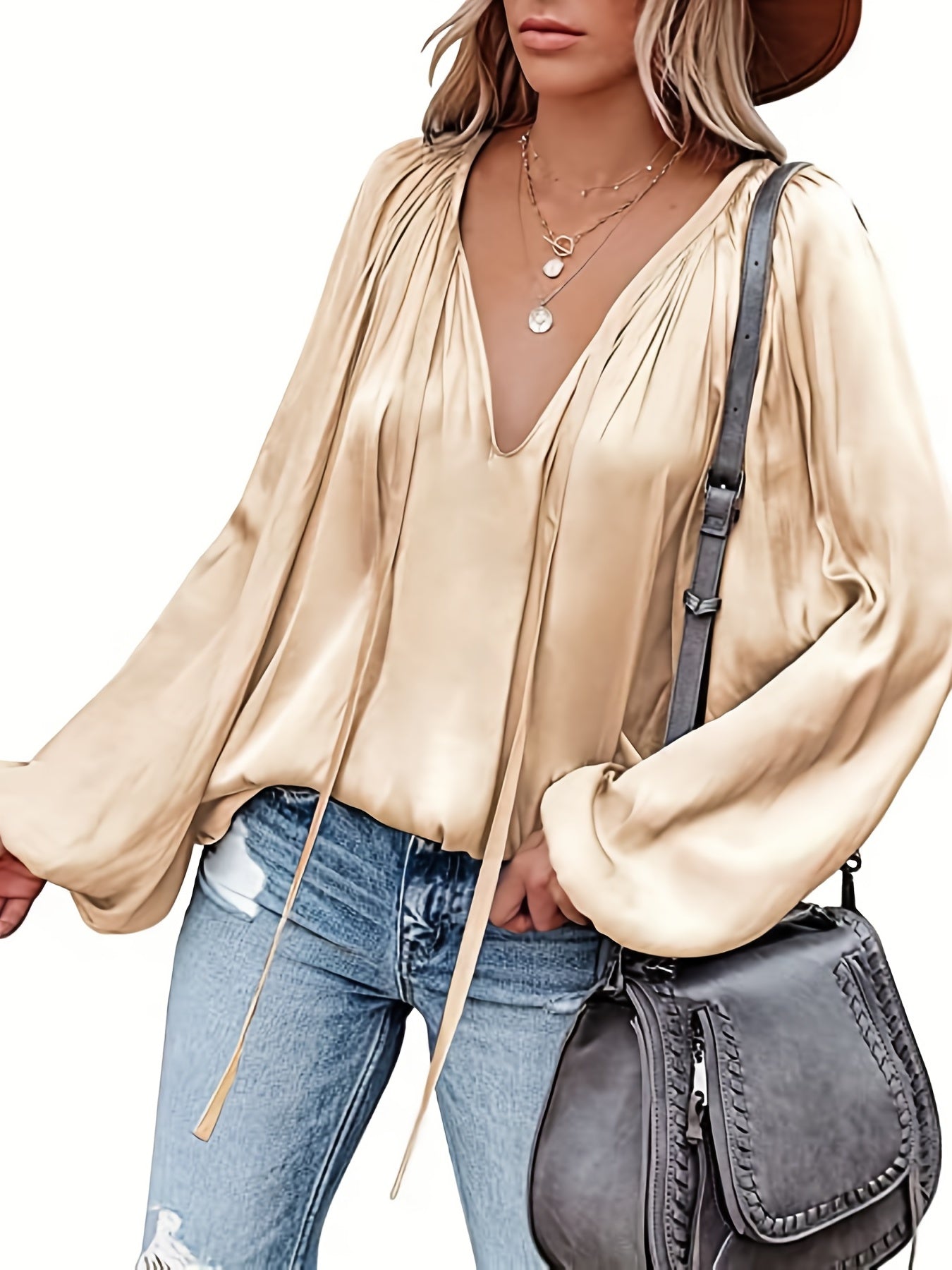 V-Hals Lantaarnmouw Blouse - Satijnen Look en Semi-Doorzichtig Ontwerp