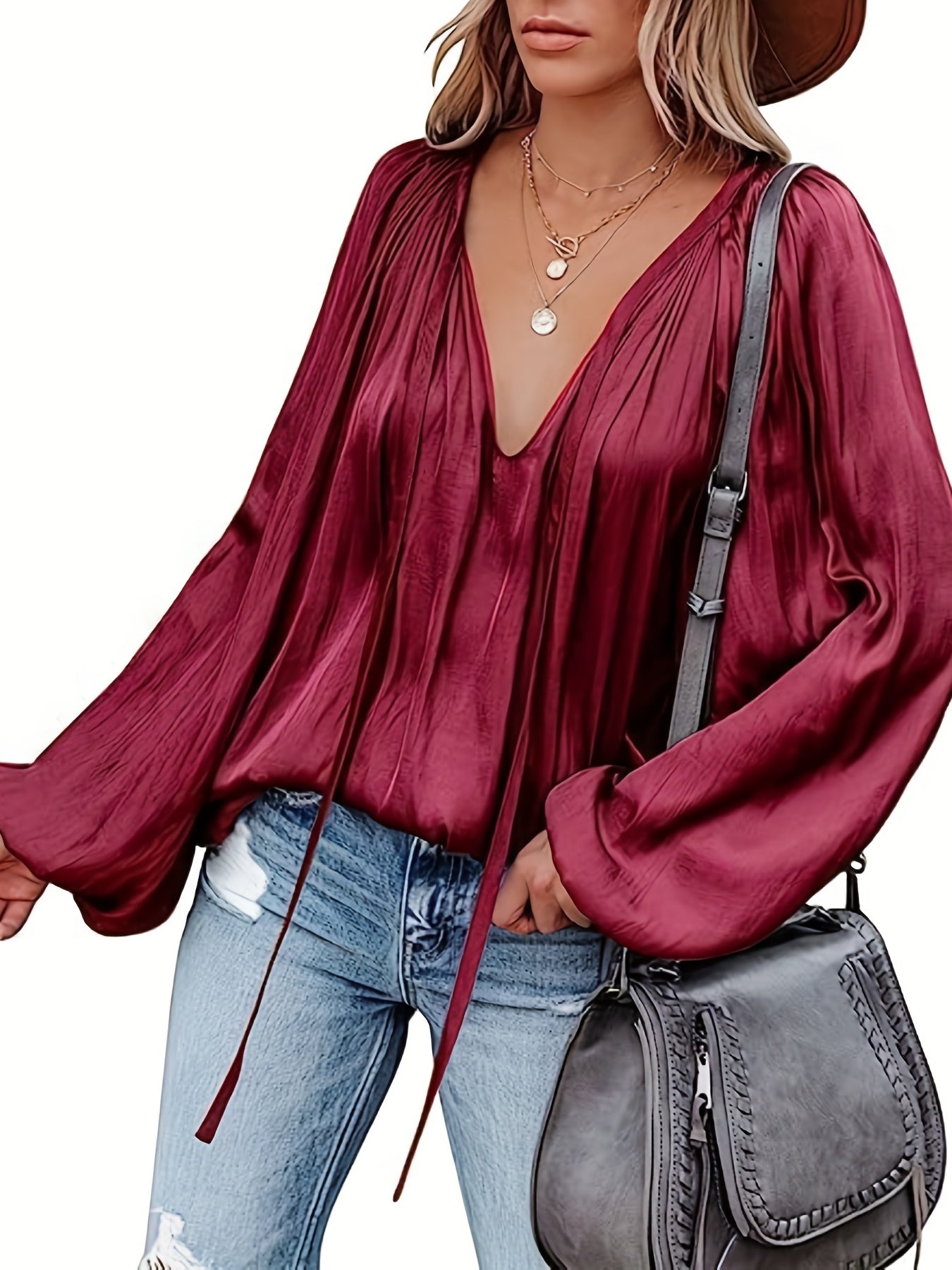 V-Hals Lantaarnmouw Blouse - Satijnen Look en Semi-Doorzichtig Ontwerp