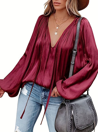V-Hals Lantaarnmouw Blouse - Satijnen Look en Semi-Doorzichtig Ontwerp