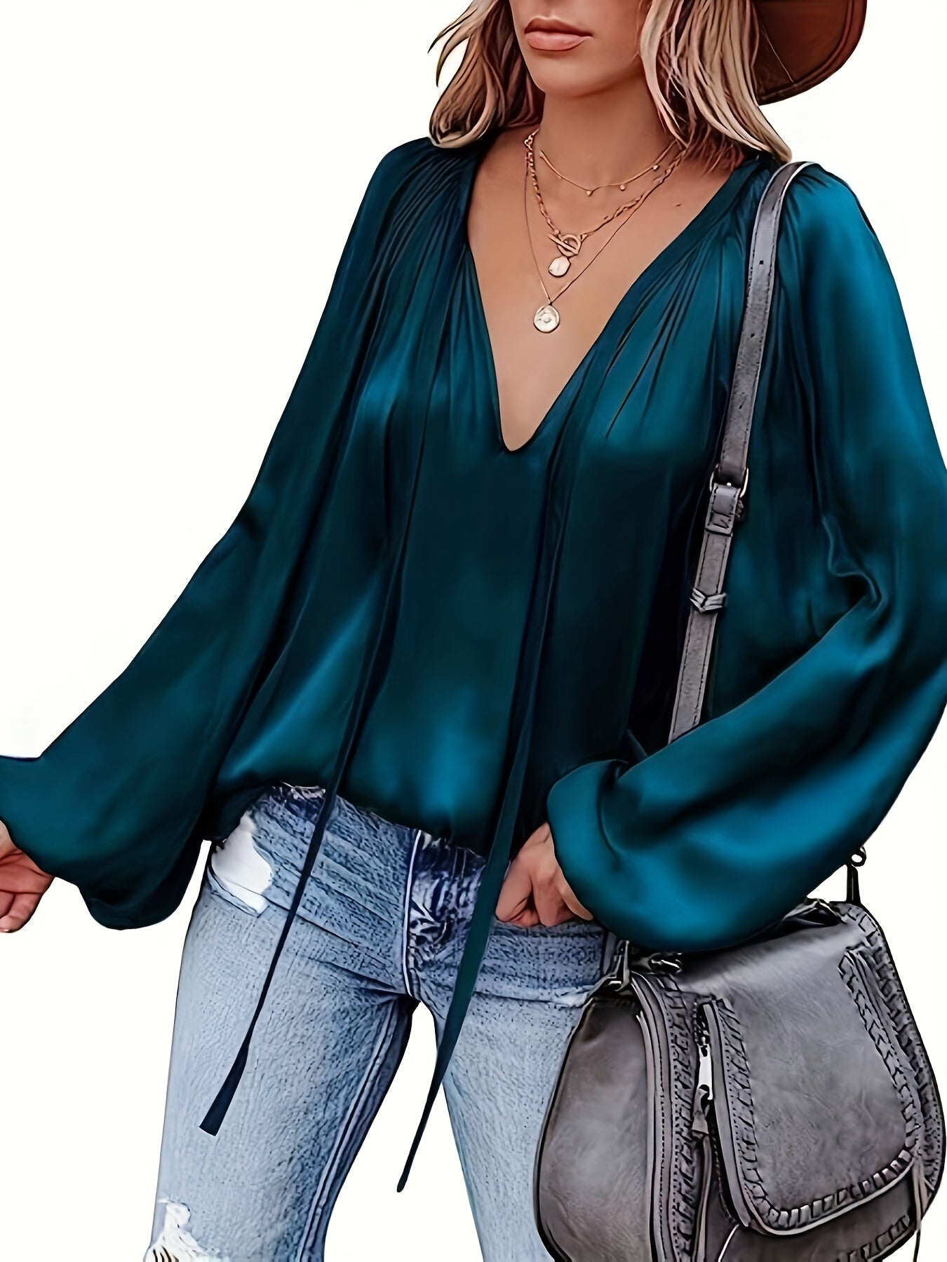 V-Hals Lantaarnmouw Blouse - Satijnen Look en Semi-Doorzichtig Ontwerp