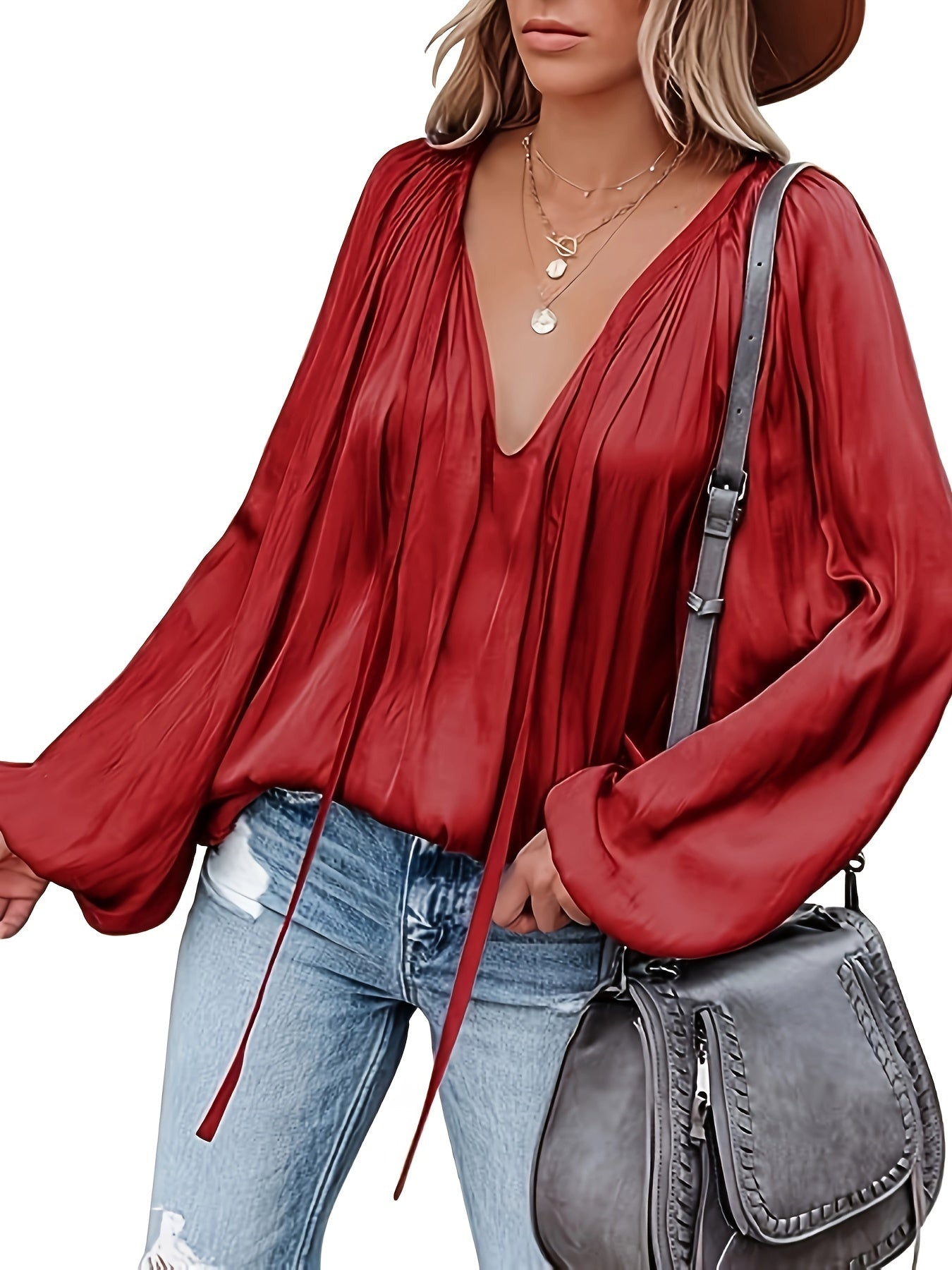V-Hals Lantaarnmouw Blouse - Satijnen Look en Semi-Doorzichtig Ontwerp