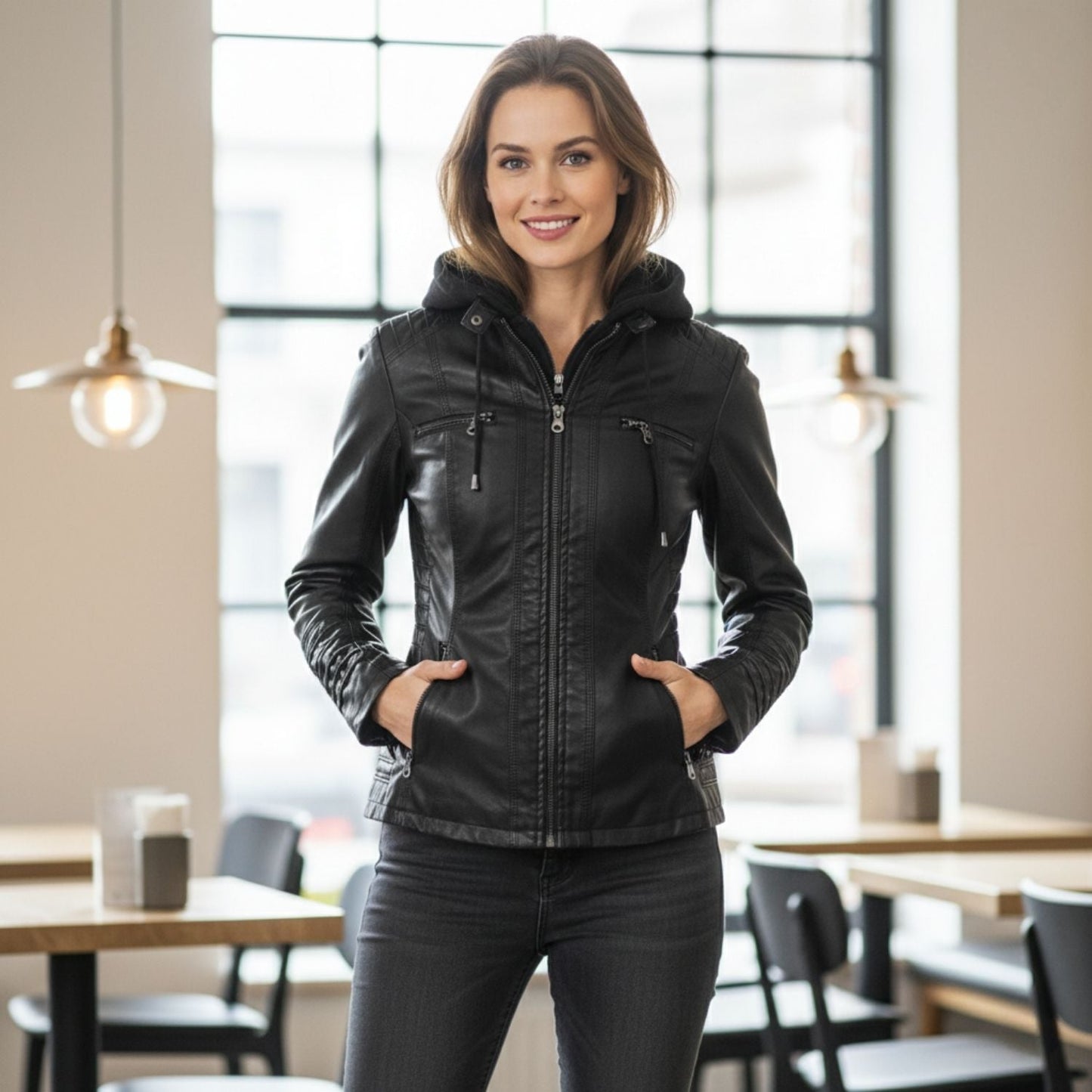 Lyra | Chique en comfortabele leren damesjas met capuchon