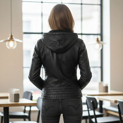 Lyra | Chique en comfortabele leren damesjas met capuchon