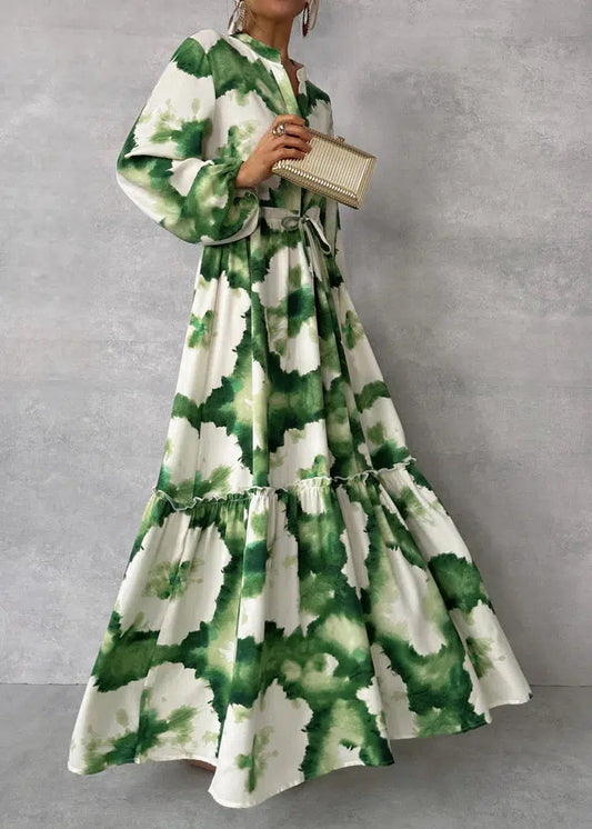 Groene maxi-jurk met lange mouwen en V-halslijn