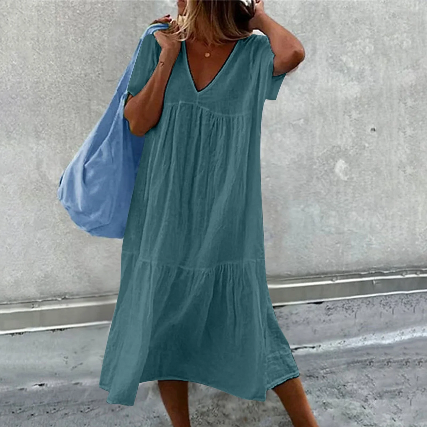 Wylla - Dames casual V-hals jurk met effen clutch tasje