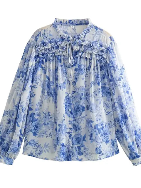 LAREINA | Vintage blouse, halfdoorzichtig, bedrukt, met plooien en trekkoord