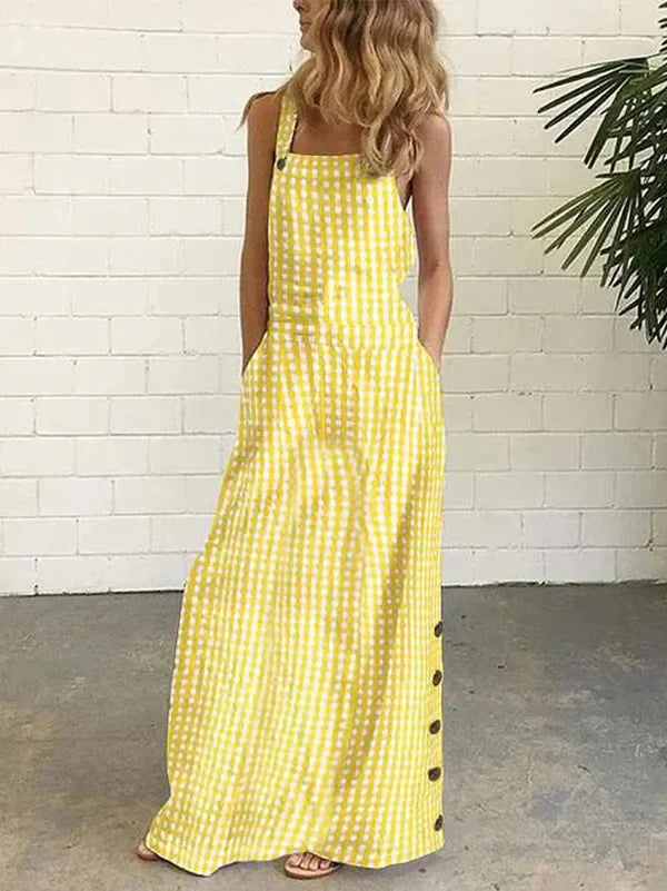Zora - Mouwloze maxi jurk met knopen en geruite zakken