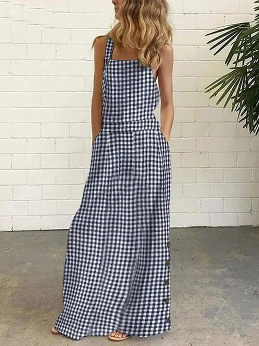 Zora - Mouwloze maxi jurk met knopen en geruite zakken