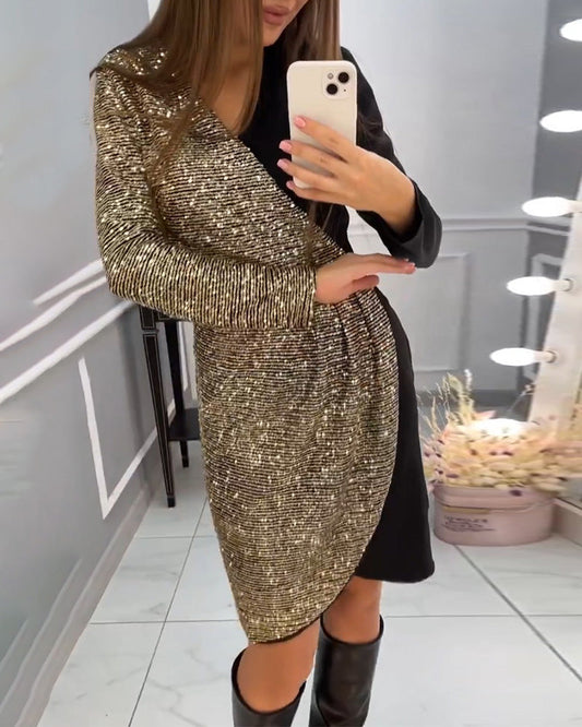 A-lijn Jurk - Elegant - Katoenmix met Pailletten - Perfect voor Herfst en Feest