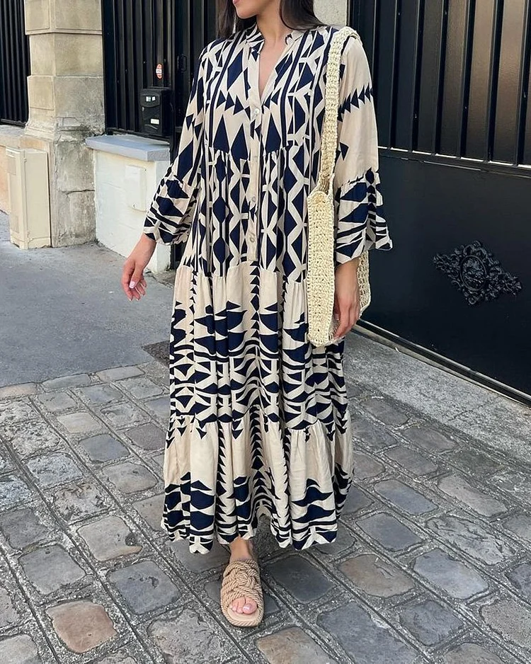 jurk met print, lange mouwen en V-hals
