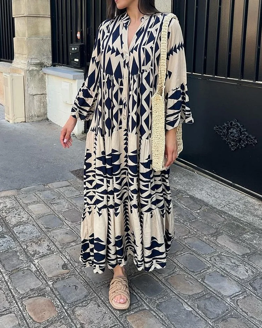 Kimy dames casual jurk met lange mouwen en V-hals met print.