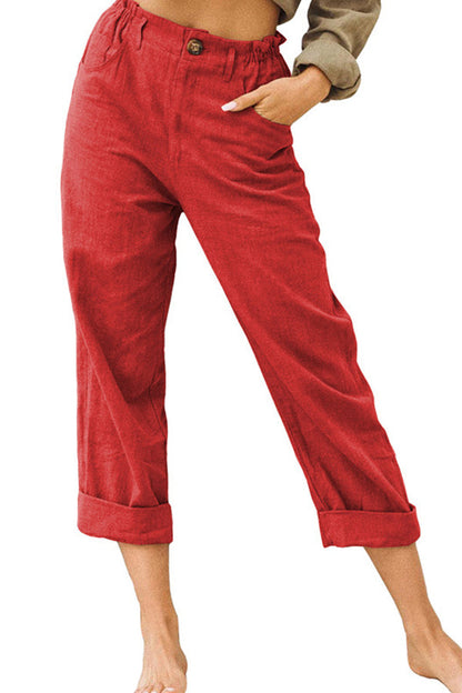effen kleur katoen en linnen modieuze losse hoge taille casual broek