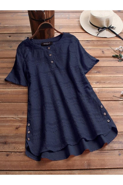 Geborduurde casual blouse in bohemianstijl met korte mouwen en knoopsluiting