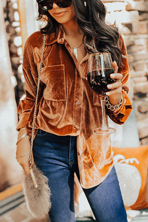 Waldine Blouse | Fluwelen Blouse met Knoopsluiting en Zakken