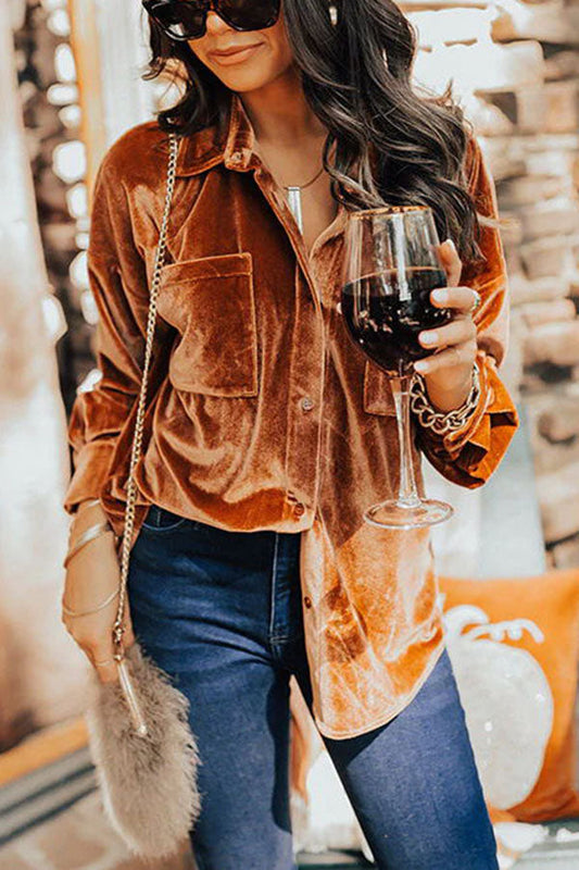Waldine Blouse | Fluwelen Blouse met Knoopsluiting en Zakken