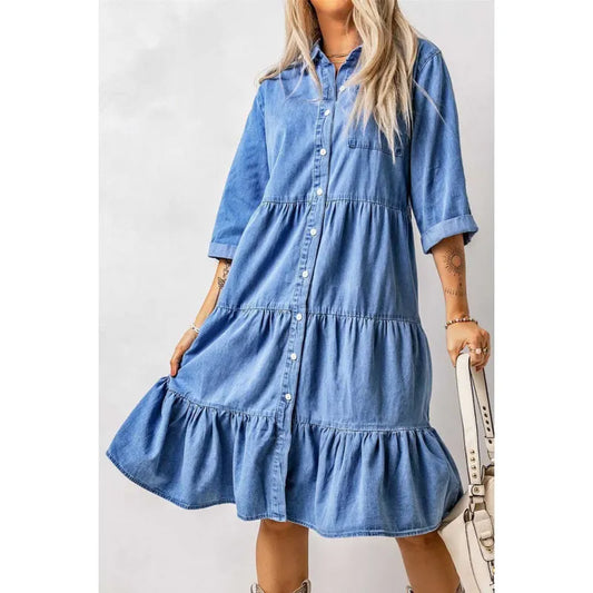 Mini chambray jurk met ruches en knoopsluiting in denim