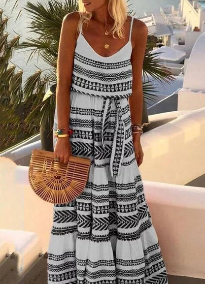 Bohemian strapless jurk met geometrische print en V-hals