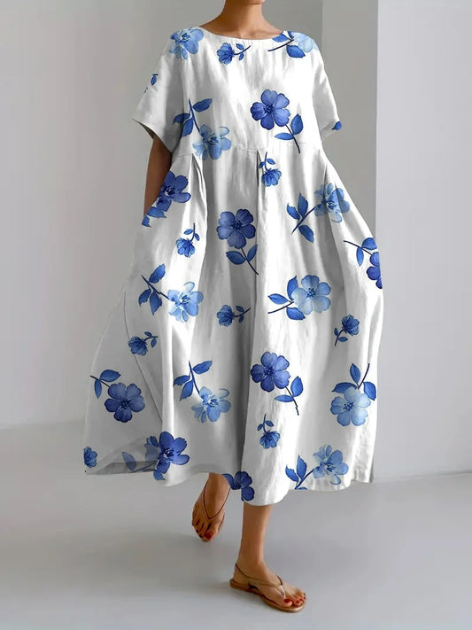 Vrijvallende damesjurk met botanische retro bloemenprint