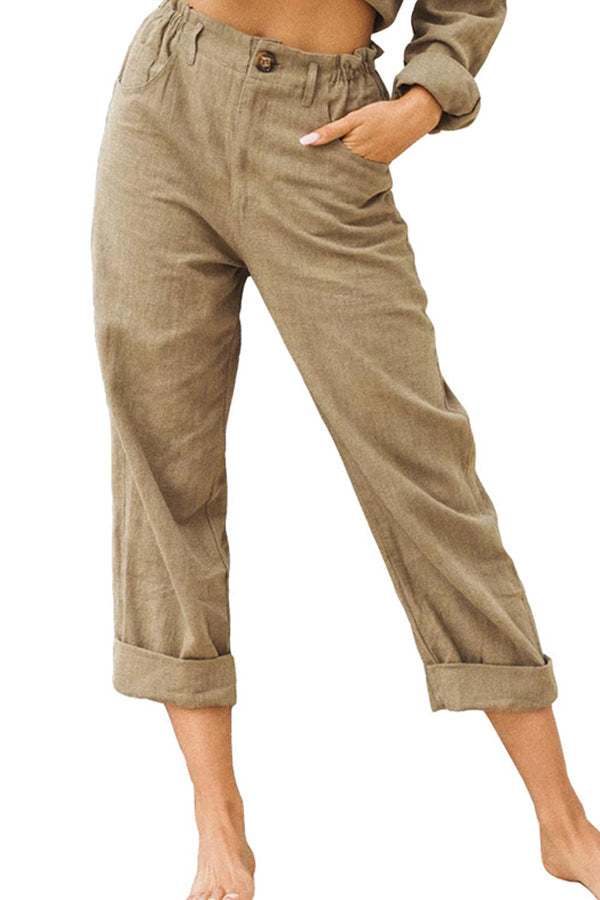 effen kleur katoen en linnen modieuze losse hoge taille casual broek