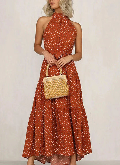 Lange jurk met print en strik in de taille