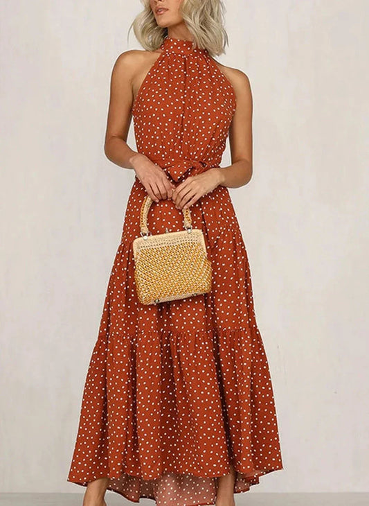 Lange jurk met print en strik in de taille
